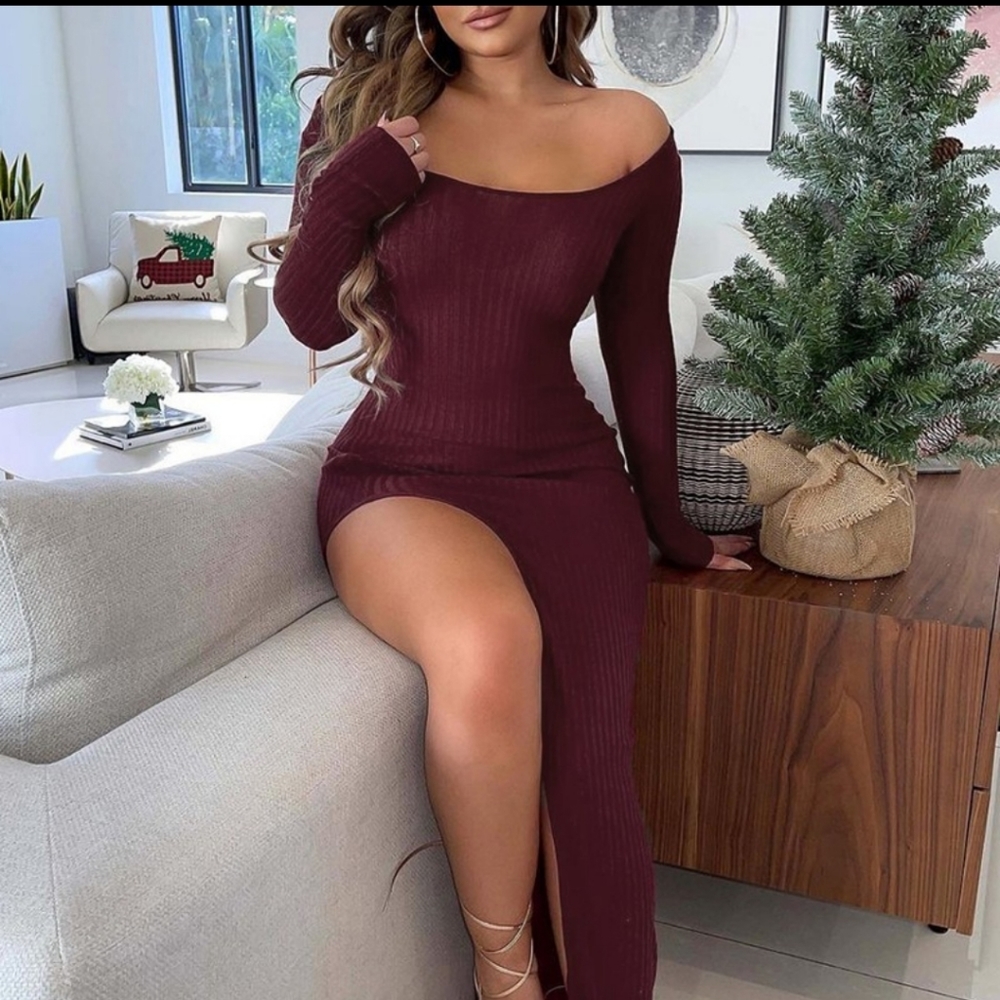 Off Shoulder High Slit Knit Dress